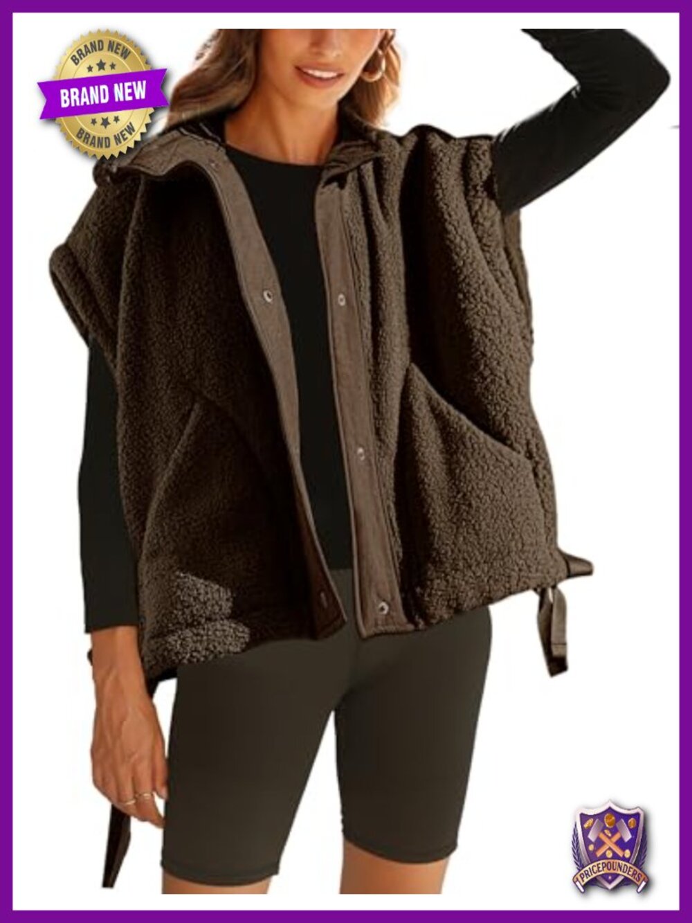 Women's Oversized Fleece Vest Fuzzy Sherpa Lined Button Up Winter Warm Outerwear